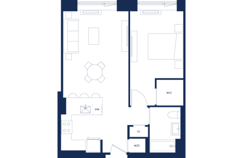 Floor plan for 1 bed, 1 bath, 566 sqft